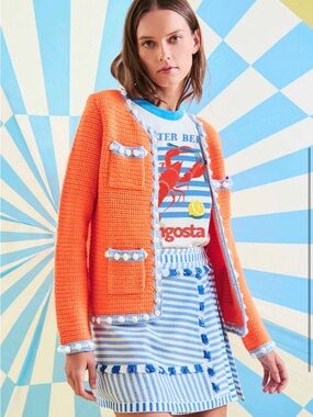 HUNTER BELL Russell Orange Crocheted Pocket Jacket with White & Light Blue Trim